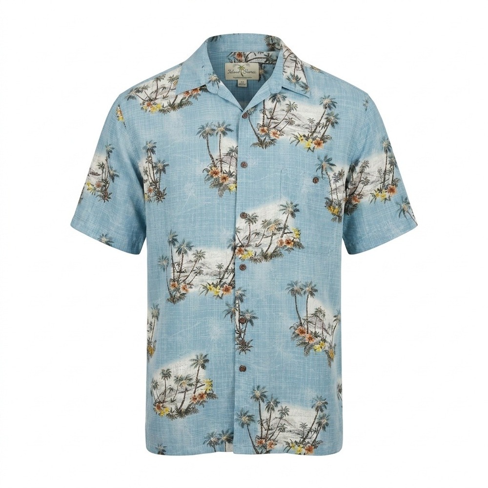 Island Shores Hawaiian Shirt Mens Large Blue Palm Tree Aloha Print 100% Rayon